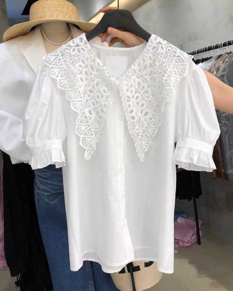 

Spring Lace Patchwork Turn Down Collar Puff Sleeve Solid Shirt Women's Top Fashion 210615, Black