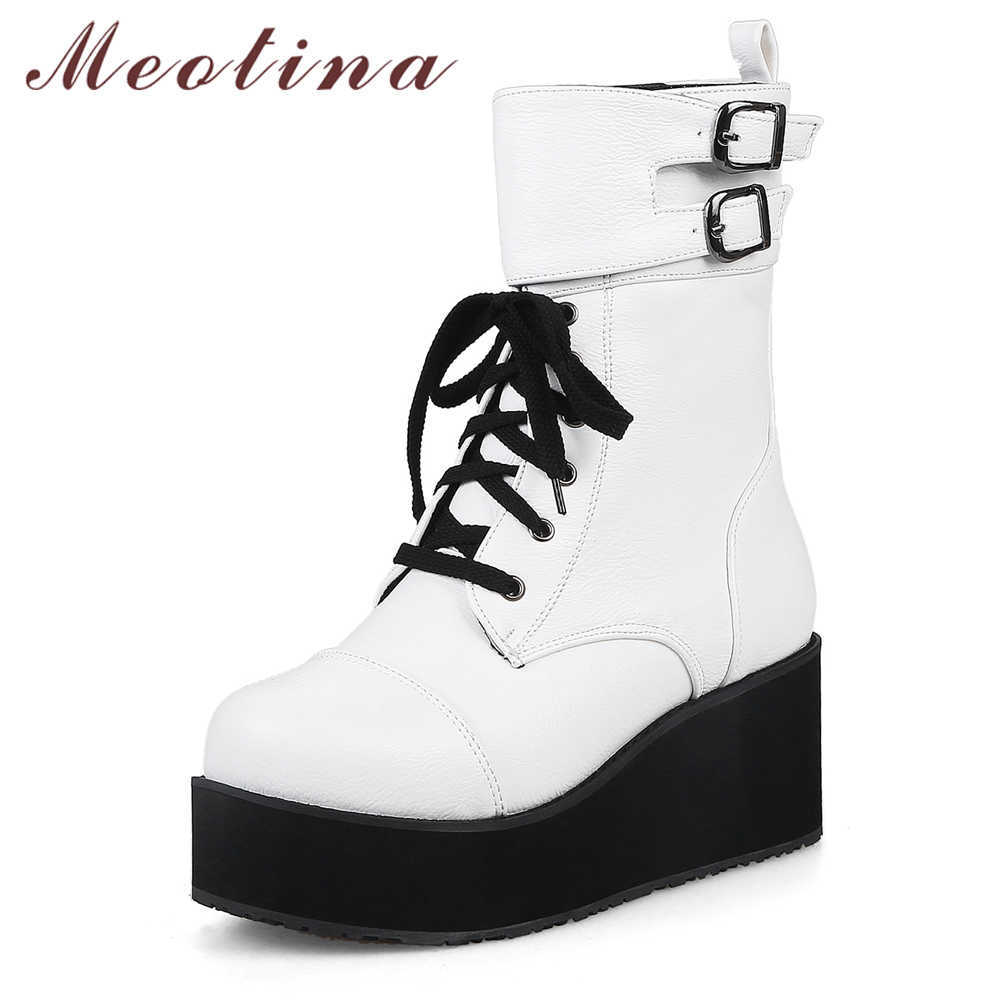 

Meotina Winter Ankle Boots Shoes Women Buckle Flat Platform Short Boots Lace Up Round Toe Shoes Female Autumn Big Size 34-43 210608, Black