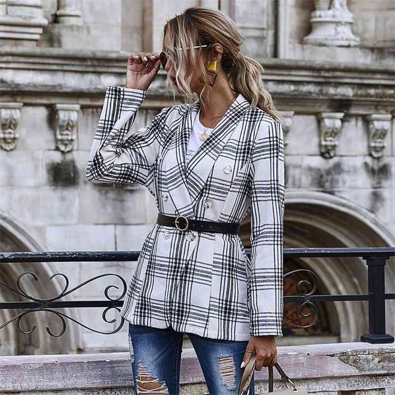 

Paris Girl Fashion Autumn Plaid Blazers Women's Jacket Work Office Lady Suit Slim Double Breasted Business Coat Female Talever 210524, White