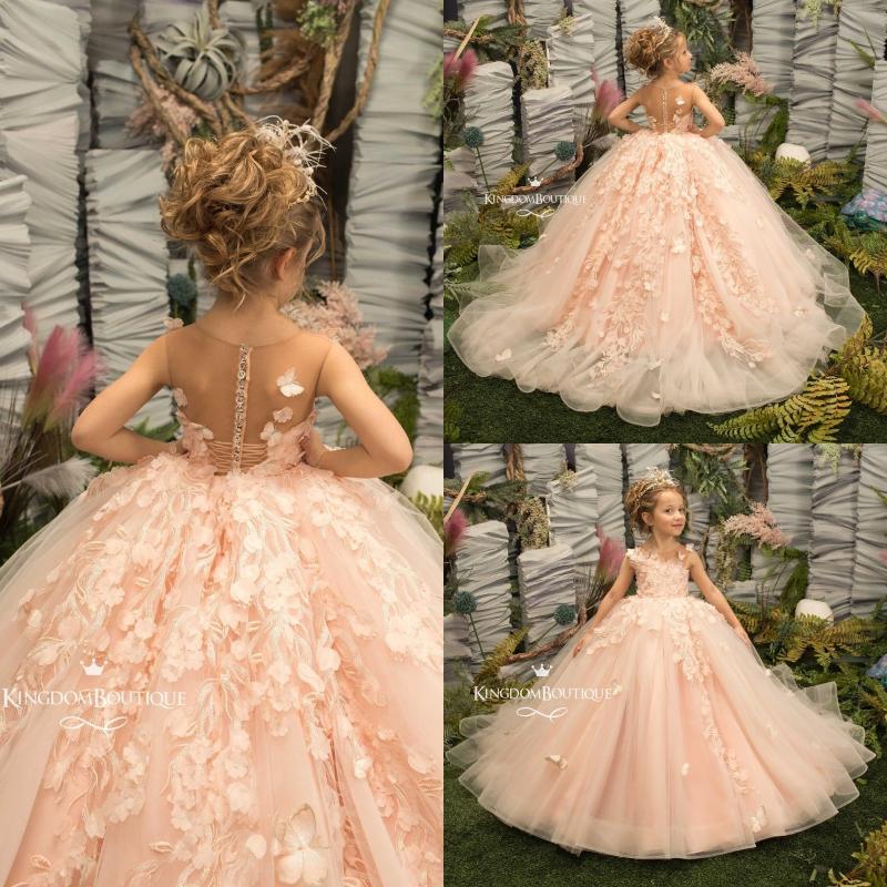 

Girl's Dresses Blush Pink 2022 Flower Girl For Wedding Ruffles Girls Pageant Lace Applique Princess Children Gowns, Red;yellow