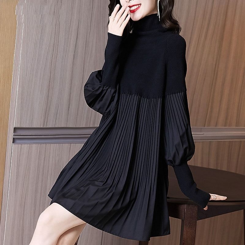 

New Sweater Dress Knitted Women 2021 Casual Black Puff Long Sleeve Pleated Dress Turtleneck Patchwork Mini Dresses Vestido, Black;gray