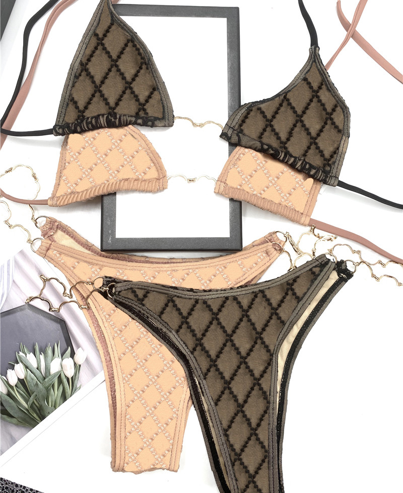 

Fashion Letter Chain Backless Bikini Outdoor Breathable Home Textile Swimsuit Women Girls Bathing Suit Swimwear, As pic