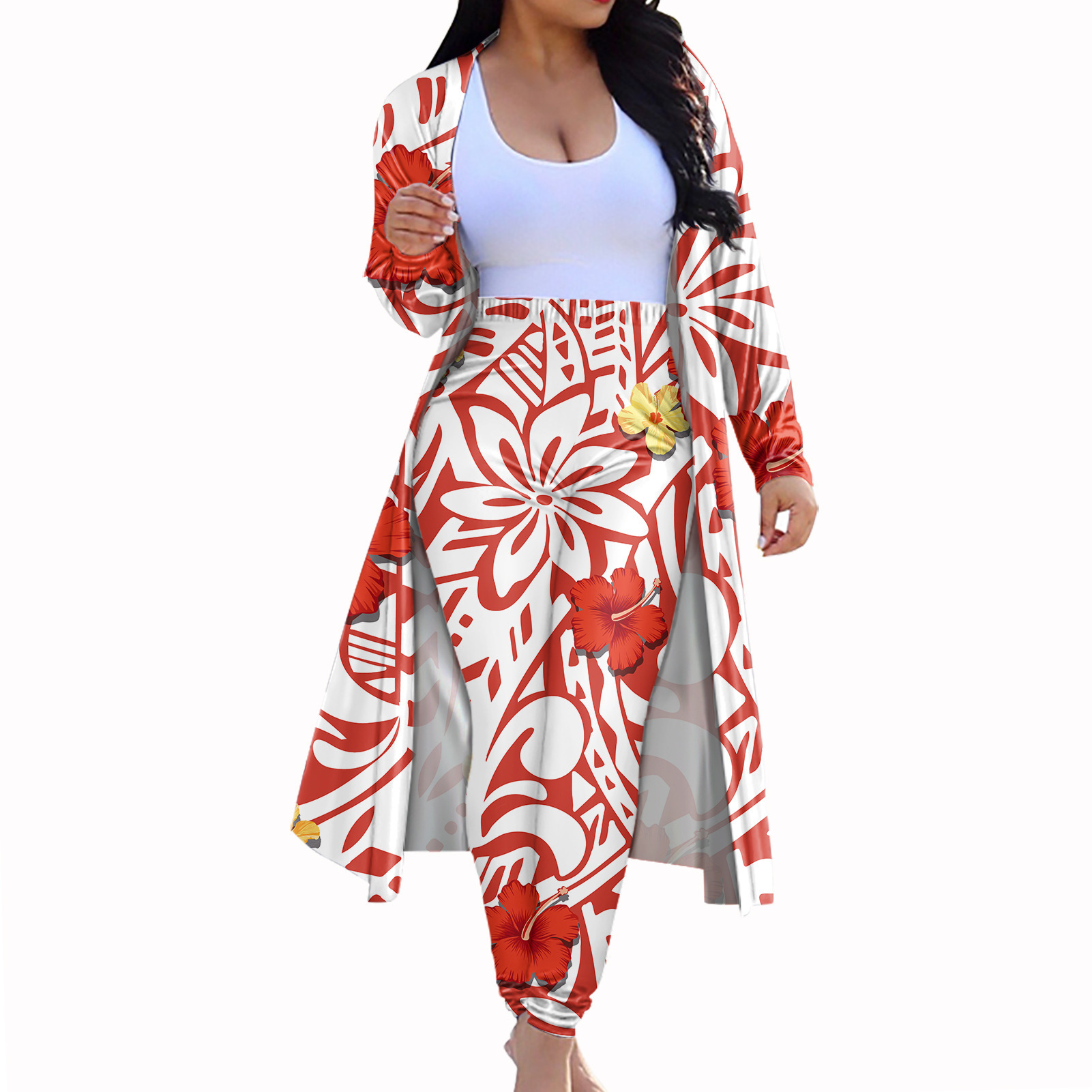 

Women Samoan Polynesian Plumeria Flower Print Pant Suits Fashion Thin Skinny Cardigan Long Pants Two Pieces Clothing Suit, Beige