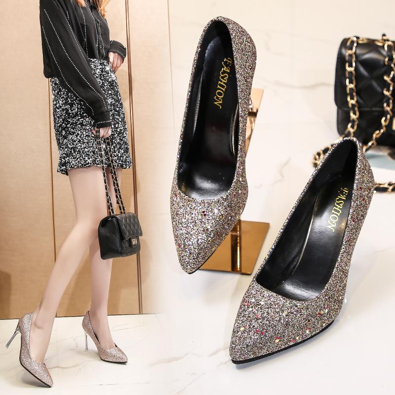 

Dress Shoes 2021 Fashion Glittering High Heels Women Pointed Toe Runway Sequin Pumps Sexy Stiletto Party Woman Zapatos De Mujer, Black