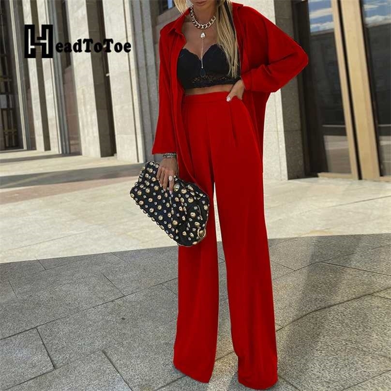 

Solid Casual OLtwo Piece Outfits Woman Long Sleeve Turn Down Collar Straight Slim 2 Set Women 211106, Black