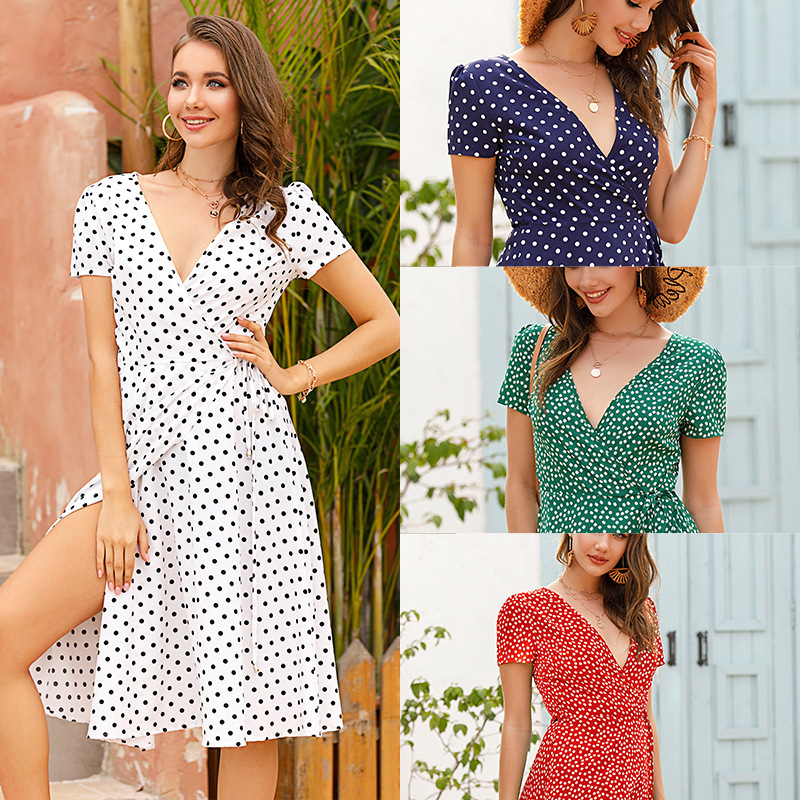 

2021 New Summer Women' Sexy Boho Holiday Polka Dot Maxi V-neck Mid Ladies Fashion Short Sleeve Chiffon Mptg, Red flower