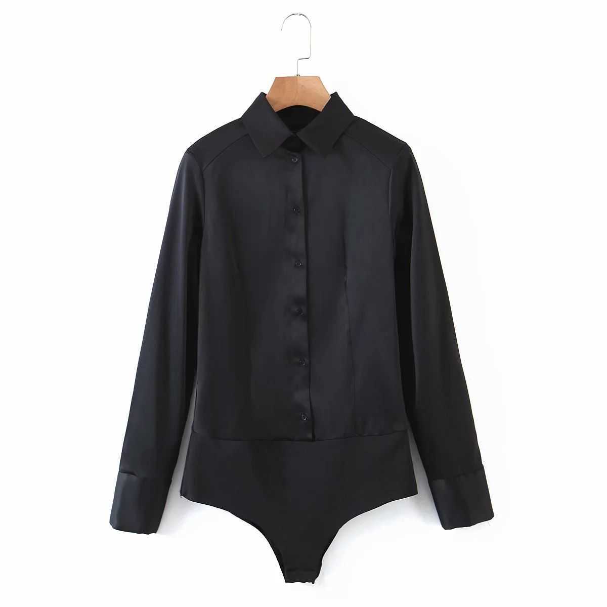 

Women Bodysuit with Shoulder Pads Long Sleeves Satin Fashion Chic Lady Shirt-style bodysuit vestidos femme robe 210709, Black