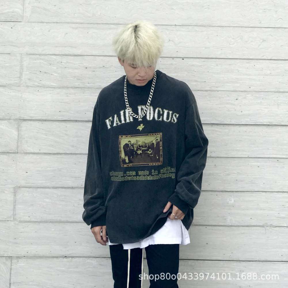 

Fashion brand high street dark punk style rock hip hop Harajuku men's wash old loose long sleeve T-shirt, White;black