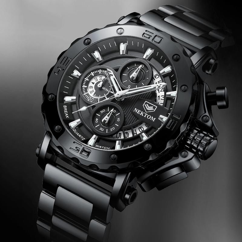 

Wristwatches NEKTOM Men's Watches Quartz Watch Waterproof Steel Strap Wristwatch For Men Clock Sports, Black