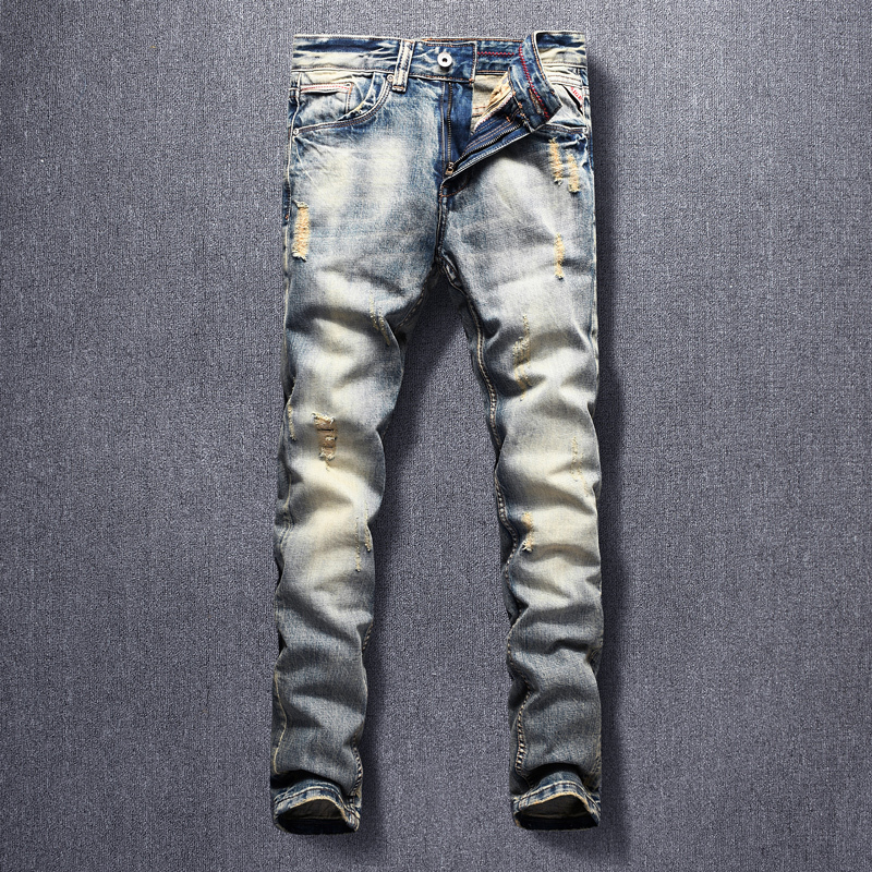 

2021 New Italian Style Fashion Men Jeans High Quality Slim Fit Ripped Hip Hop Denim Trousers Retro Wash Vintage Designer Long Pants Homme Py, Retro color