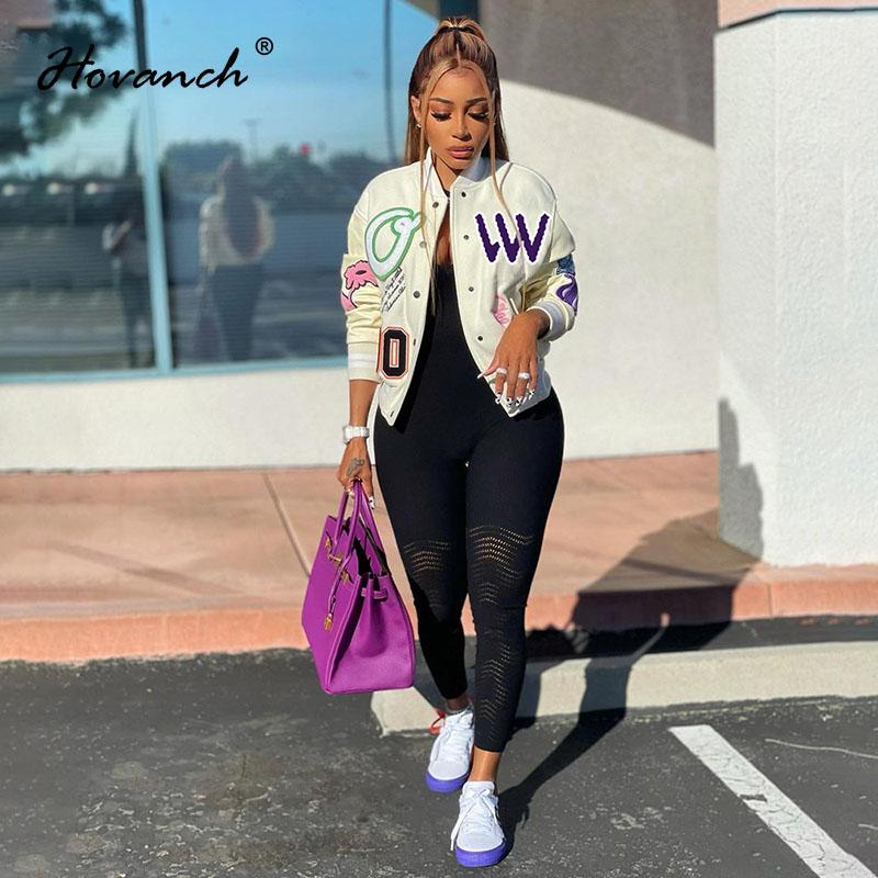 

Women's Jackets Hovanch Print Color Blocking Double Line Baseball Jacket Casual Loose Short Coat 2021 Winter Fashion Street Style, Black;brown