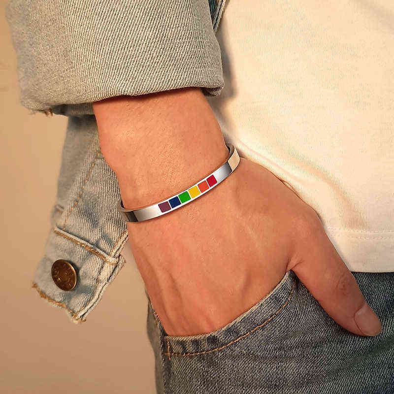 

Modyle New Black Rainbow Color Cuff Bangle Bracelets for Men Women Jewelry Stainless Steel Pink Lgbt Pride Gifts Accessory