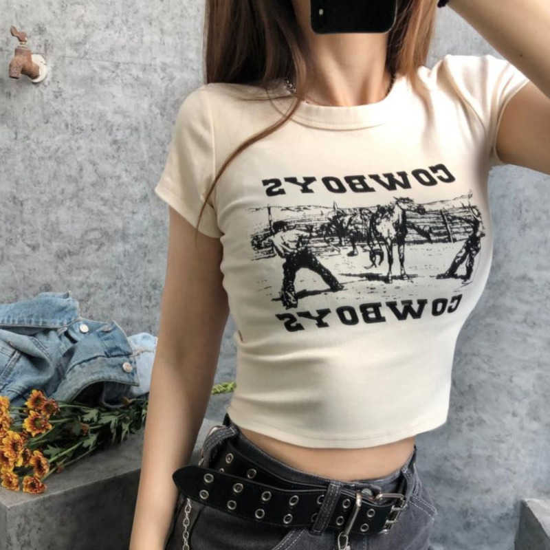 

2XL Summer Top Letter Print Short Sleeve Women's Thin T-shirt High Waist Girl Female Round Neck QW885 210603, White