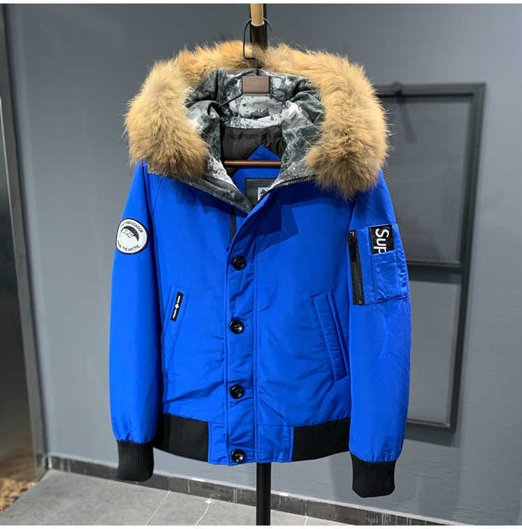 

2021 Winter Men's Duck Down Coat & Jacket with Real Natural Fur Collar Hooded Warm Parkas for Male Blue Plus Size Xxxxl 4xl, Packing bag