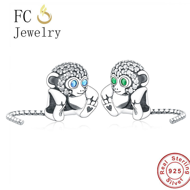 

FC Jewelry Fit Original Brand Charm Bracelet 925 Silver Little Monkey Blue Green Zircon Eye Bead Pave Reflexion Berloque 2020 Q0531