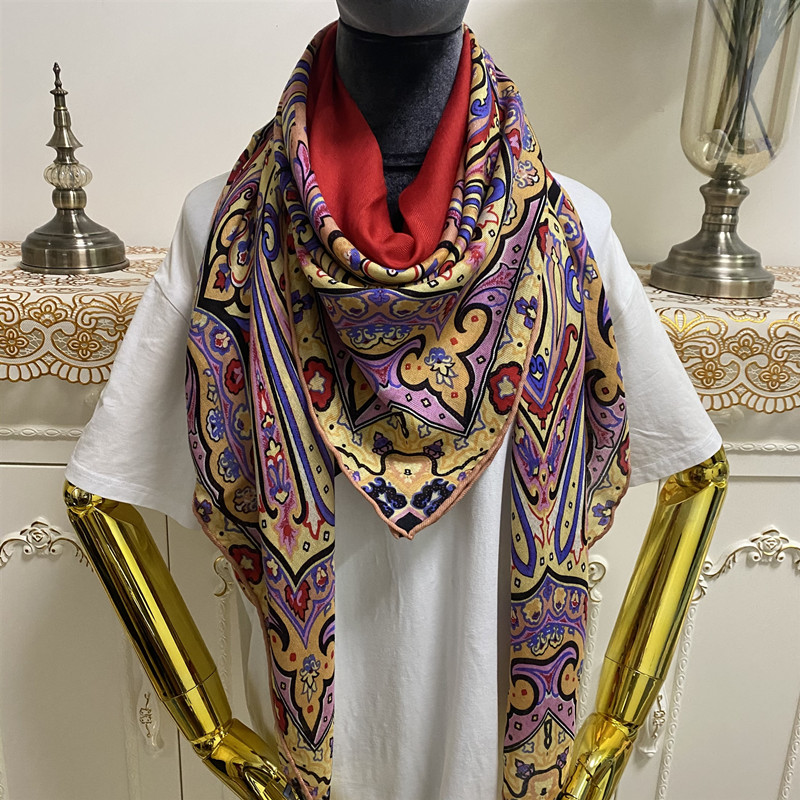 

New style good quality 50% silk 50% wool material thin and soft RED color print flowers square scarves for women size 130cm - 130cm, Blue;gray