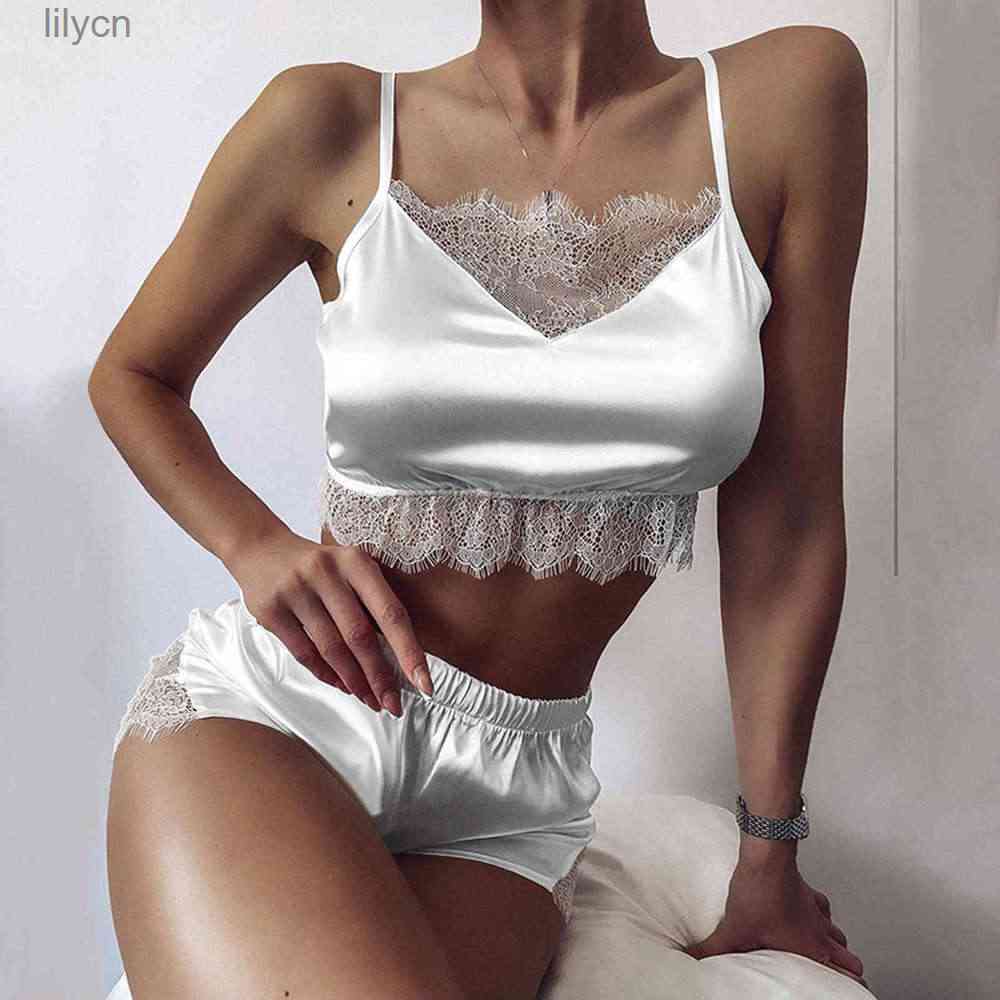 

Women' pajamas Women Sexy-Lingerie Breathable Temptation Sleepwear Satin Silk Babydoll Lace Up Nightwear Shorts Top Set, White