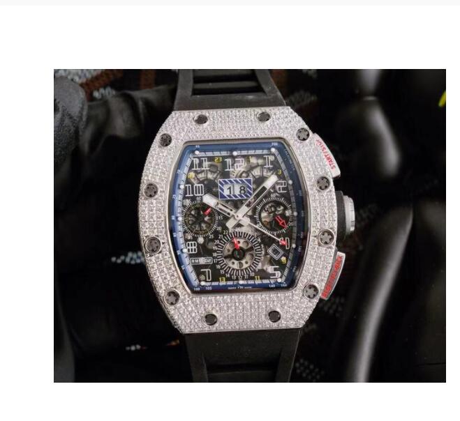 

Luxury New Mens RM11-FM Full Iced Diamonds Watches Automatic Mechanical Movement Rose Gold Red Black Rubber Bracelet Watch AAA+