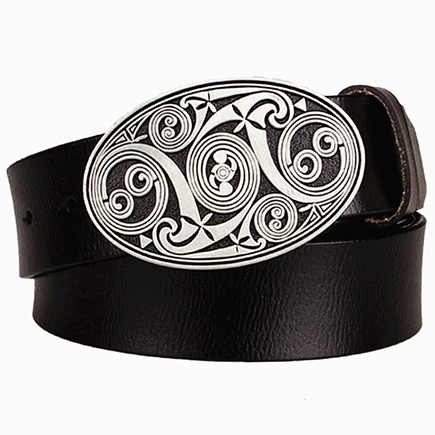 

2021 New Fashion Men's Genuine Women Real Leather Arabesque Pattern Lines Metal Buckle Gift for Man Belt Z8p0, Black