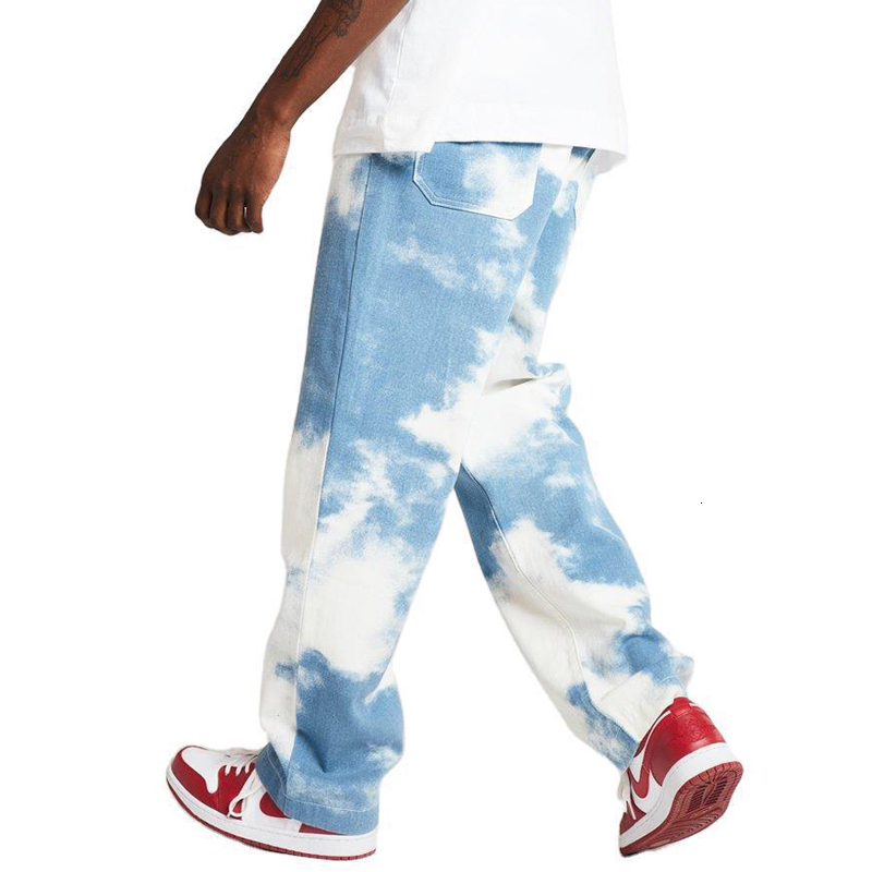 

2021 New Snowflake Tie-dyed Straight Biker Casual Pants Hip Hop Denim Jeans for Men -3xl Axo4, Light blue
