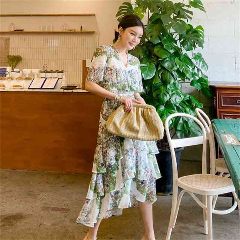 

Women's Summer Korean Style V-neck Print Waist Cake Skirt Dres Office Lady Polyester 210603, Green