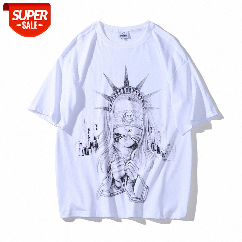 

Hand-painted character print short-sleeved T-shirt men's wind loose half-sleeved pullover round neck five-point sleeves #pA9K, White;black