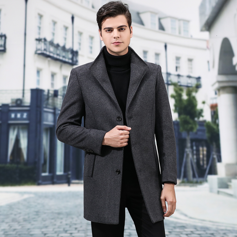 

2021 New Woolen Men's Fashion Male Casual Slim Wool Long Coat Mens Collar Trench Jacket Autumn and Winter Overcoat Em97, Light grey
