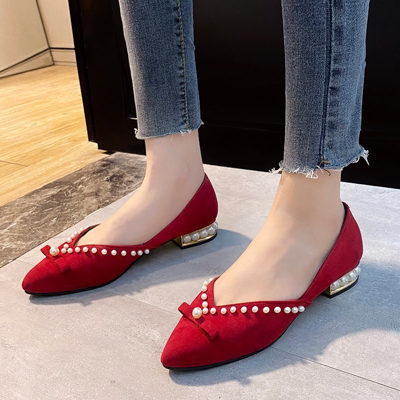

New Fashion String Bead Metal Low Heel Shoes Women 2021 Spring Red Sexy Pointed Toe Pumps Woman Comfortable Slip on Sandals M1d2, Black