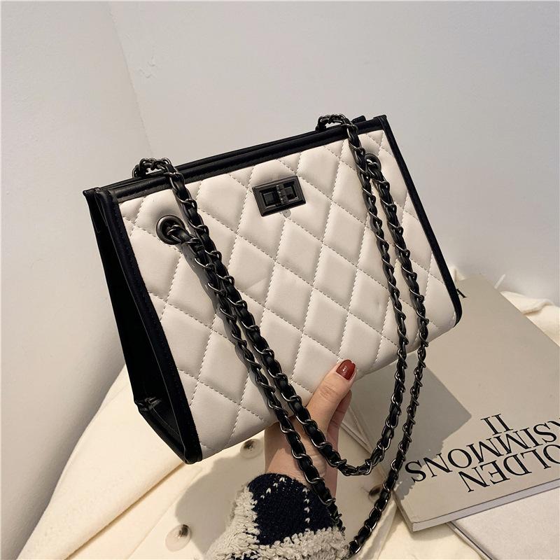 

Newly Arrived 2021 Fashion Plaid Handbags High quality PU Leather Women bag Simple Wild Chain Tote Shoulder bags Crossbody bag, Black