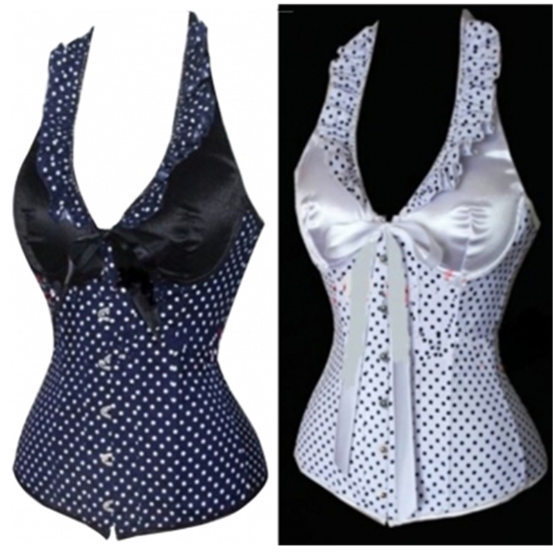 

Woman Bustiers Halter Neck Corpete Corselet White Stripe Bodyshape Gothic Steampunk Dot Waist Trainer Corsets And Bustier Lingerie, As shown