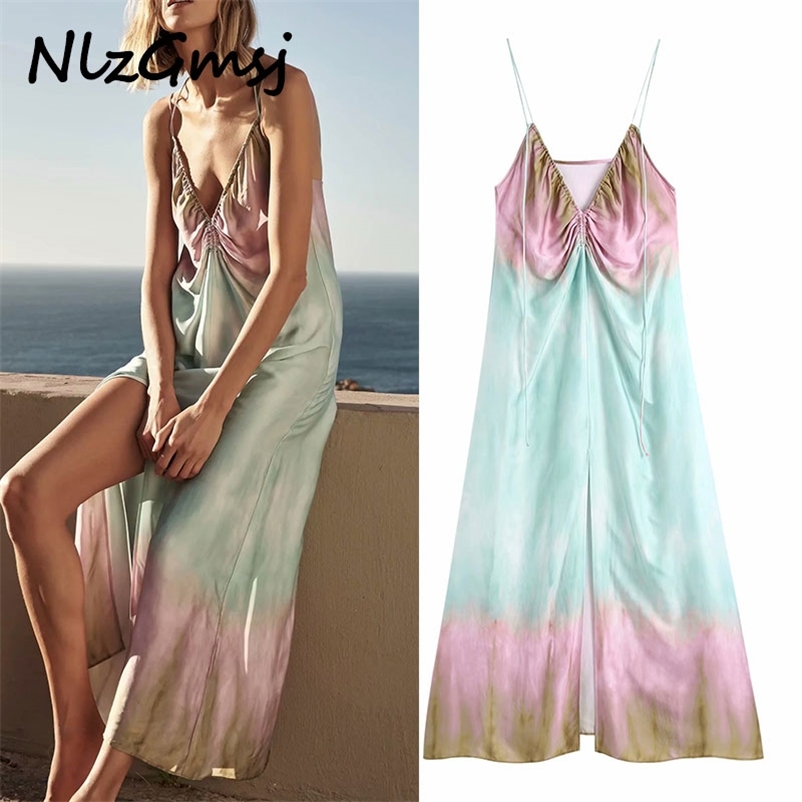 

Dres Bow V-neck Collar Sleeveless Tie-dyed Chiffon Loose A-line Pink Midi dress 03 210628, As picture