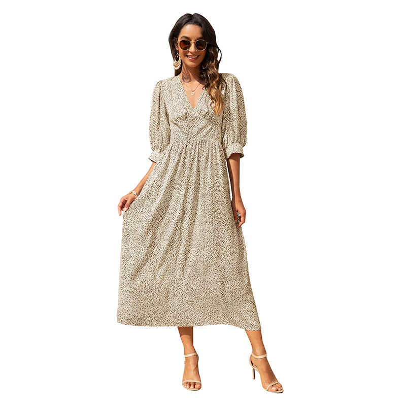 

summer new style vneck fashion print midsleeve big swing dress, Black