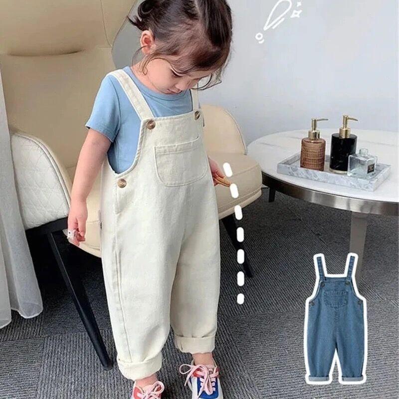 

Trousers 2021 Children Loose Overalls Boys Girls Casual All-match Denim Autumn Solid Outwear 1-7y Kids Fashion Bib Pants, Blue