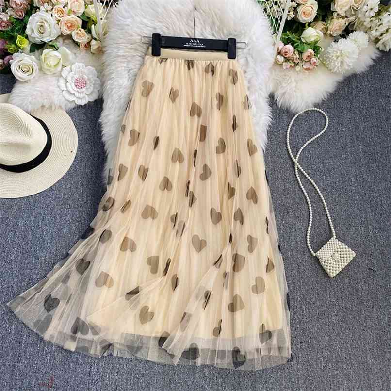 

Elastic waist Love pattern Printed Gauze Pleated Skirts Summer High A-line Big swing Mid-length Mesh Skirt Women 210602, Black