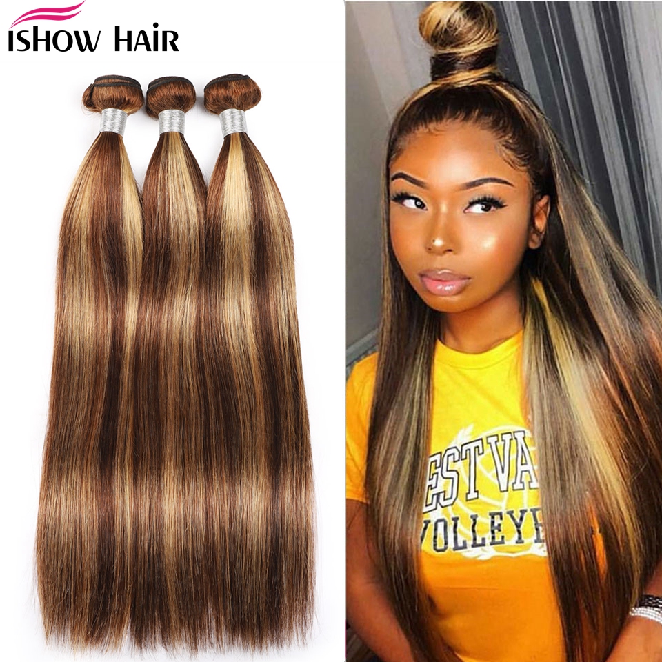 

Ishow Weaves Wefts Straight Highlight 4/27 Ombre Color Human Hair Bundles Brazilian Body Indian Peruvian Virgn Human Hair Extensions, Black