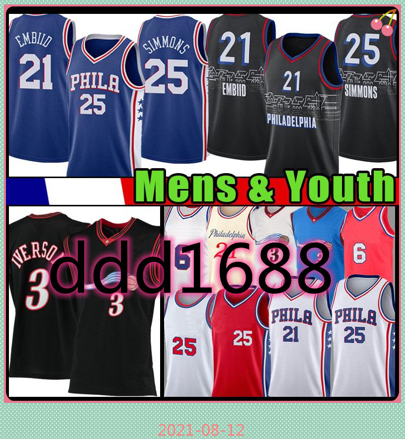 

Men Youth Kids Allen 3 Iverson Joel 21 Embiid Basketball Jersey Ben Julius Simmons 6 Erving Georgetown Mesh Retro Black jerseys, 2021 mens jersey