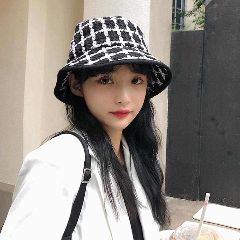 

HBP Beanie/Skull Caps Version Of A Hundred Net Red Grid Fisherman Hat Female Japanese Literature And Art Rough Flowers Pot Show Small Face, Black