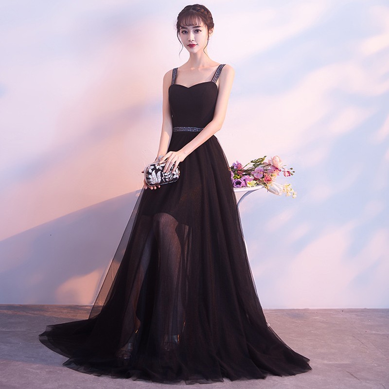 

S-3xl Women Elegant Mesh Evening Party Dress Sexy V-neck Strap Banquet Gown Black Long Pleated Dresses 00gg, Black-1