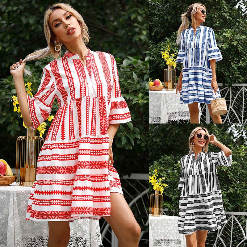 

Casual Dresses Summer Women' 2021 Fashion Sexy V-Neck Mini Dress Loose Solid Stripe Print Half Ruffle Sleeve Ladies Empire, Blue