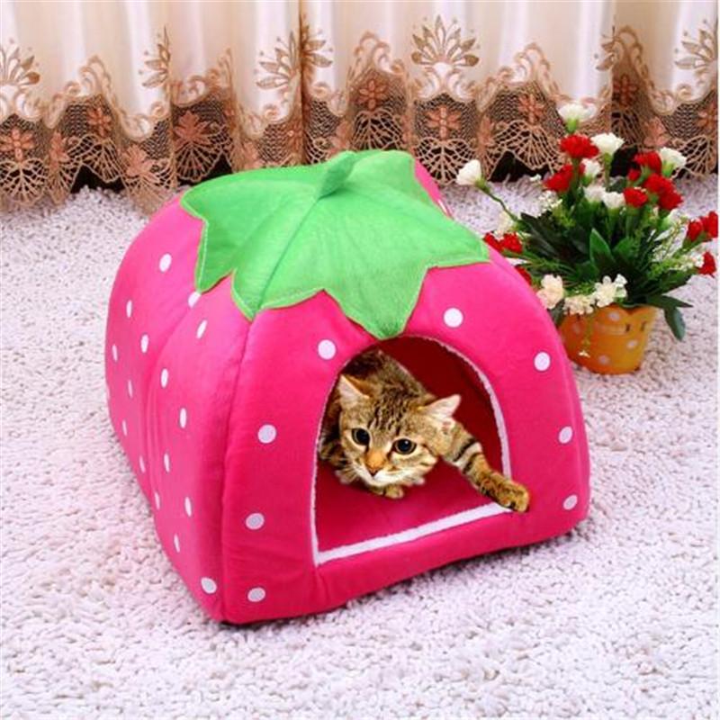 

Cute Foldable Cat Small Puppy Kitten House Warm strawberry Cotton Pet Cat Bed Kennel Fleece Cozy Nest For Small Medium Dog
