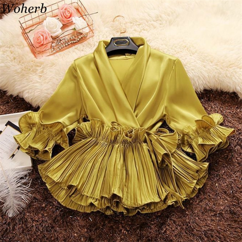 Woherb Spring Autumn Deep V-neck Ruffles Shirts Lace Up Chiffon Blouses Women's Elegant Office Blusas Ladies Pleated Tops 210225Z