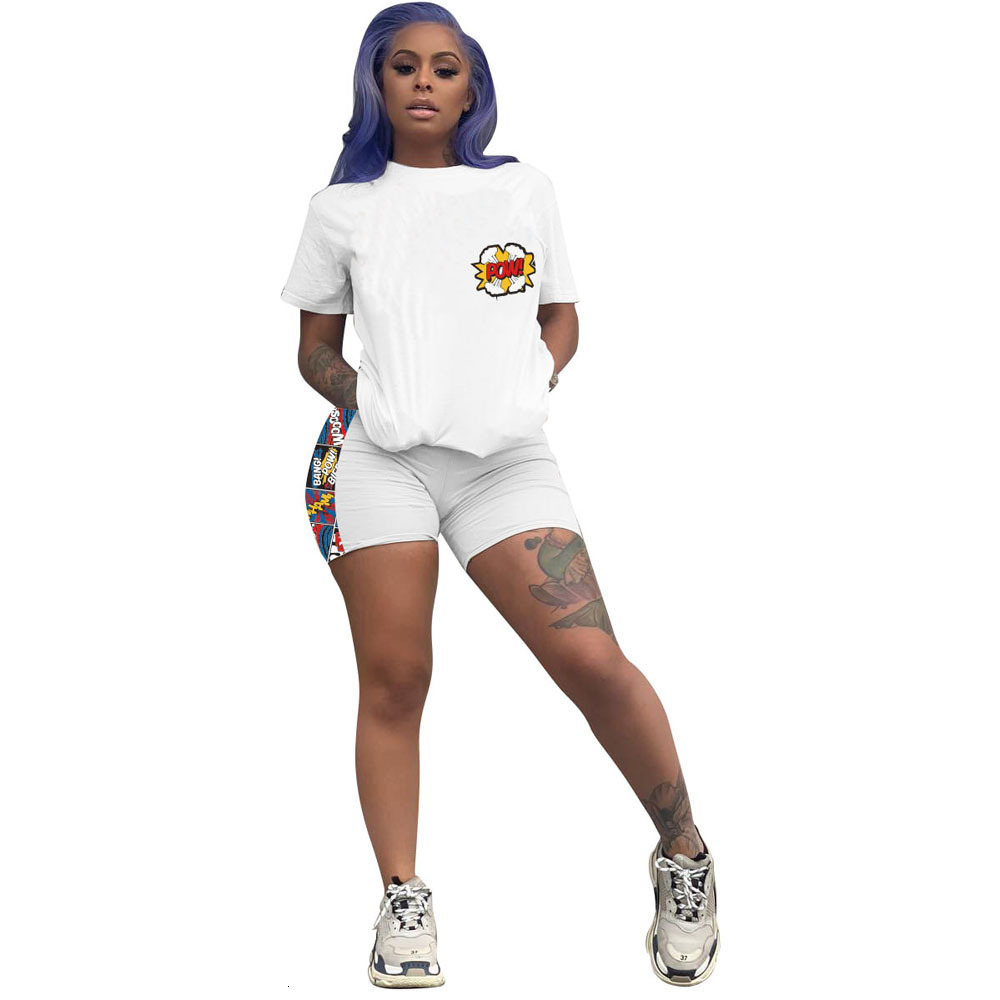 

2021 New Summer Autumn Women Two Piece Set Top Pants Plus Size Tracksuit Sweatsuit Outfit Letter Print t Shirt and Shorts Active Sets 2u6i, White