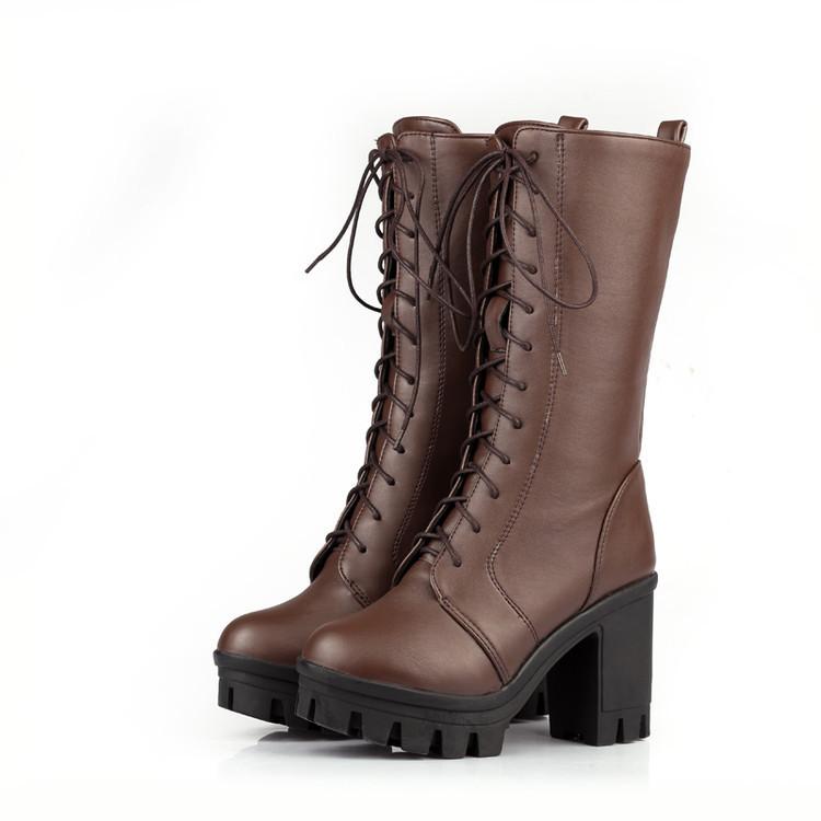 

Hot Sale Spring Autumn Lacing Mid Calf Boots Women Fashion White Square Heels Woman Mortorcycle Boot Plus Size 34-43, Black shoes