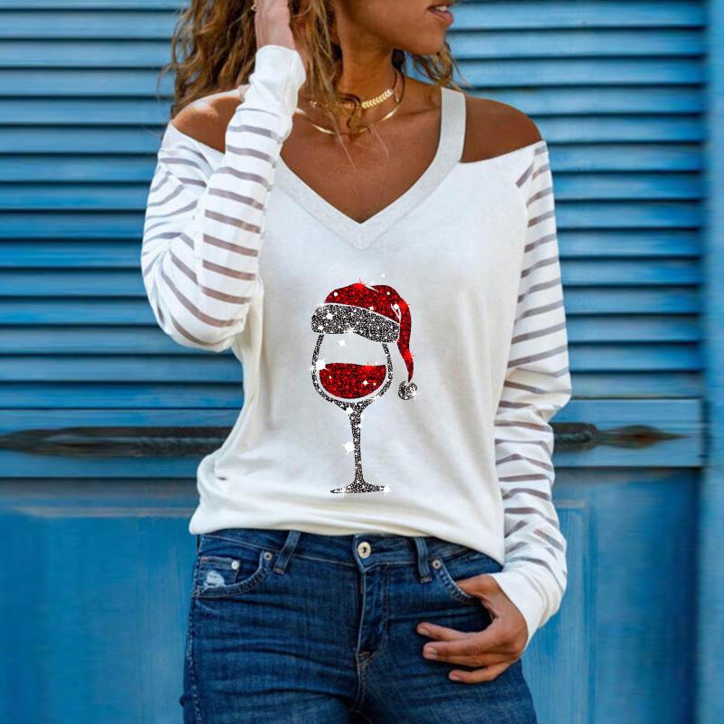 

Women' Sweaters Christmas T-Shirt Fashion Woman V-Neck Red Wine Glass Sequins Printing Long Sleeve Tops Autumn Cold Shoulder Loose Pullover, White