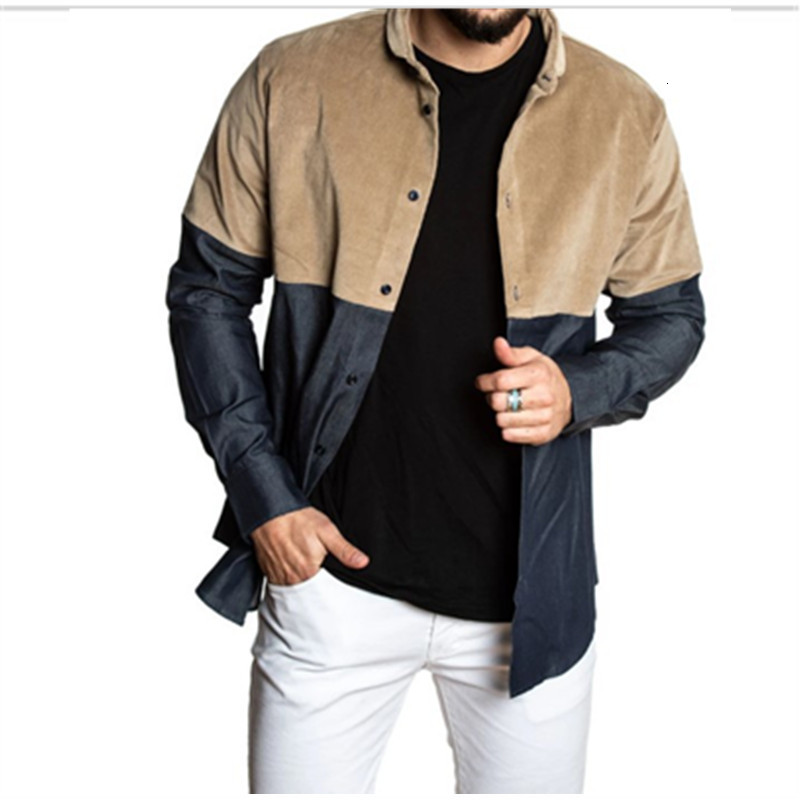 

2021 Ropa Autumn Men Corduroy Patchwork Shirts Solid Color Long Sleeve Mens Vintage Stand Collared Man Shirt Koszule Rs6a, Photo color