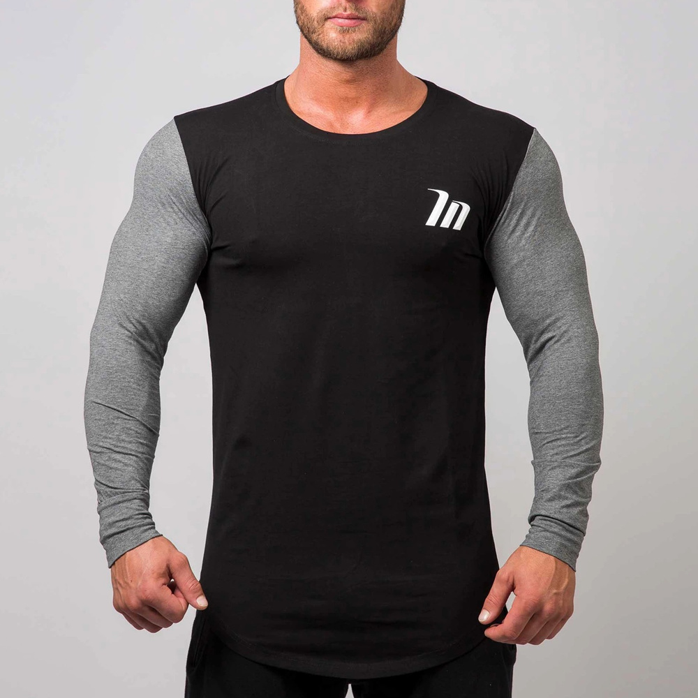 

2021 New Casual Long Sleeves t Shirt Men Gym Fitness Cotton Slim T-shirt Male Bodybuilding Workout Tees Tops Black Running Sport Apparel Kb5