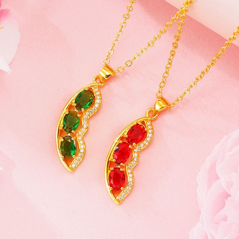 Beans Shaped Red/Green Stone Pendant Chain 18k Gold Filled Fashion Women Girl Shiny Charm Jewelry-image-661718933