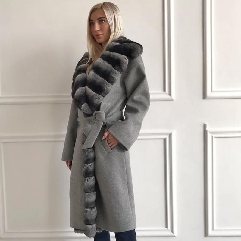 

Women's Fur & Faux Top Selling Wool Blend Coat With Fashion Rex Trim 2021 Women Trendy Robe Jacket, Black