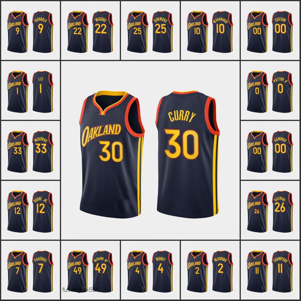 

Printed Custom GoldenStateWarriorsMen KlayThompson Eric Paschall Andrew Wiggins Stephen Curry CustomCityEdition Oakland Navy Jersey, 15