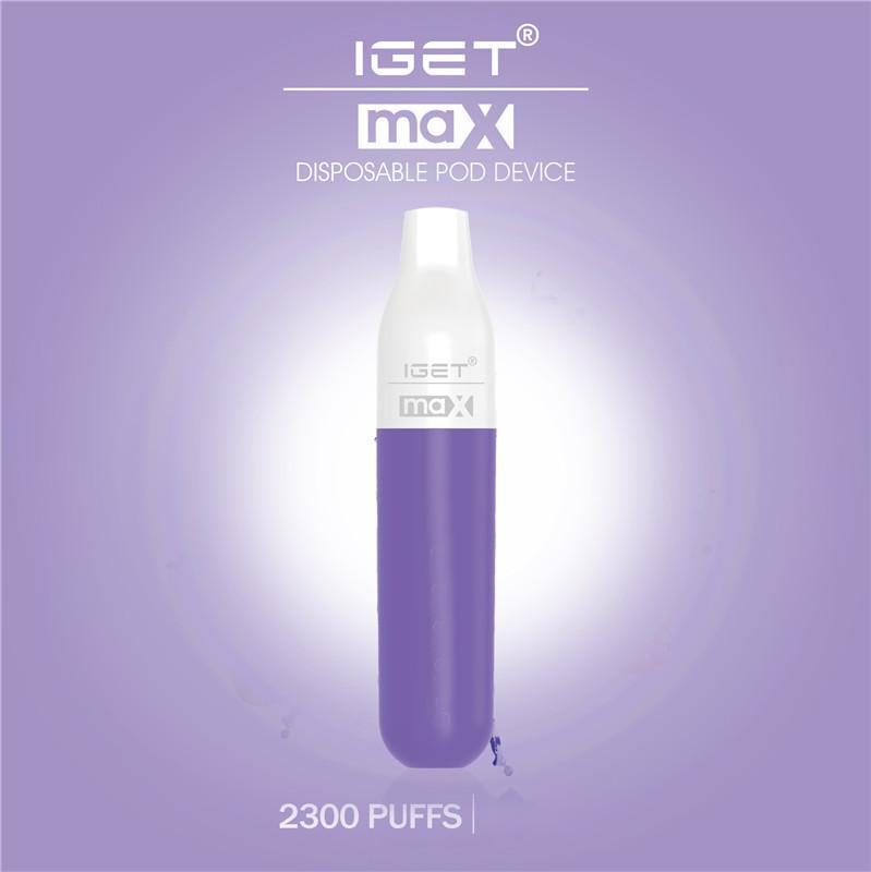 

Authentic IGET MAX Vape Pen Electronic Cigarettes Device 1100mAh Battery 8ml Pods Empty Original Vapors 2300 Puffs Kit